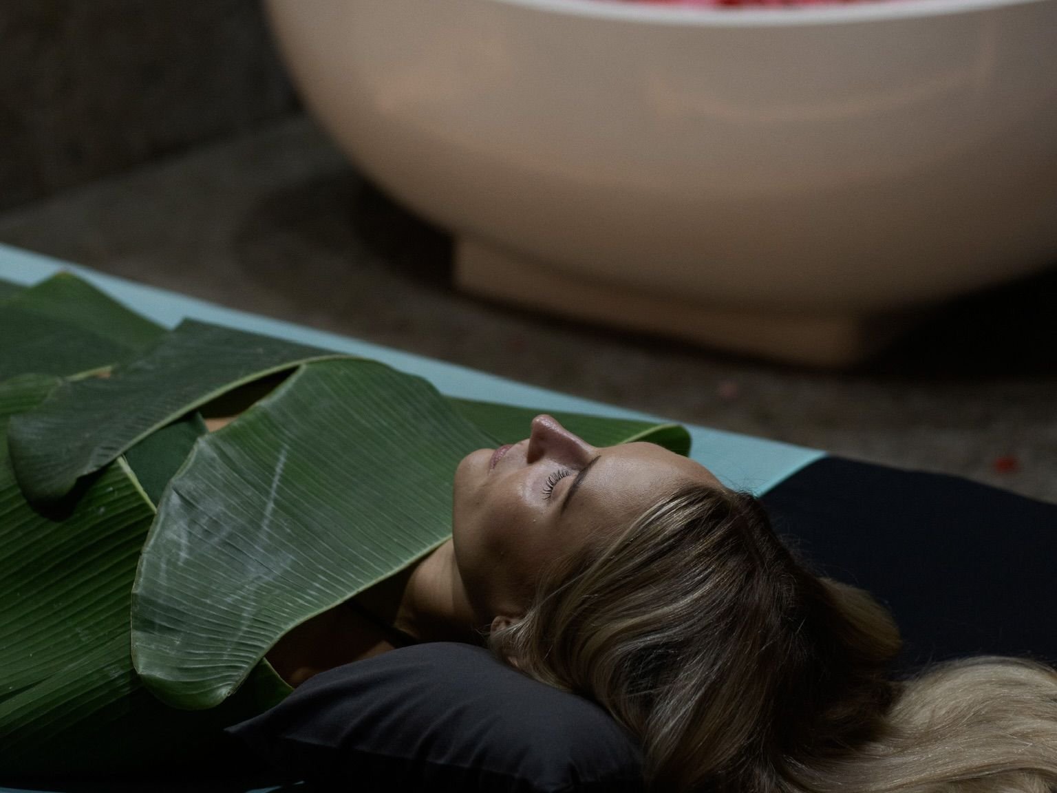 Relaxing on banana leaves